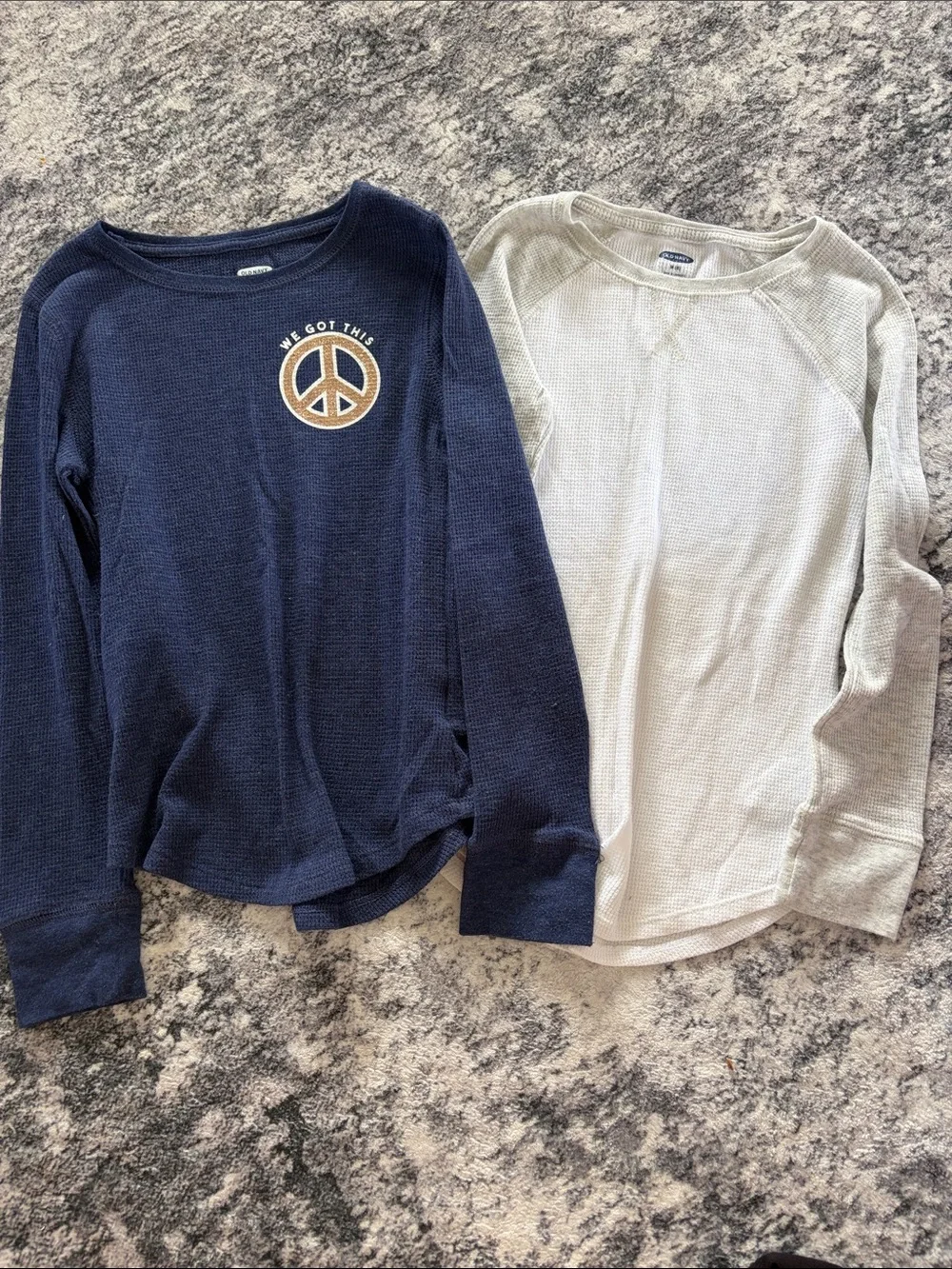 Old Navy Navy & Cream Long-Sleeve Waffle Tops with Peace Patch